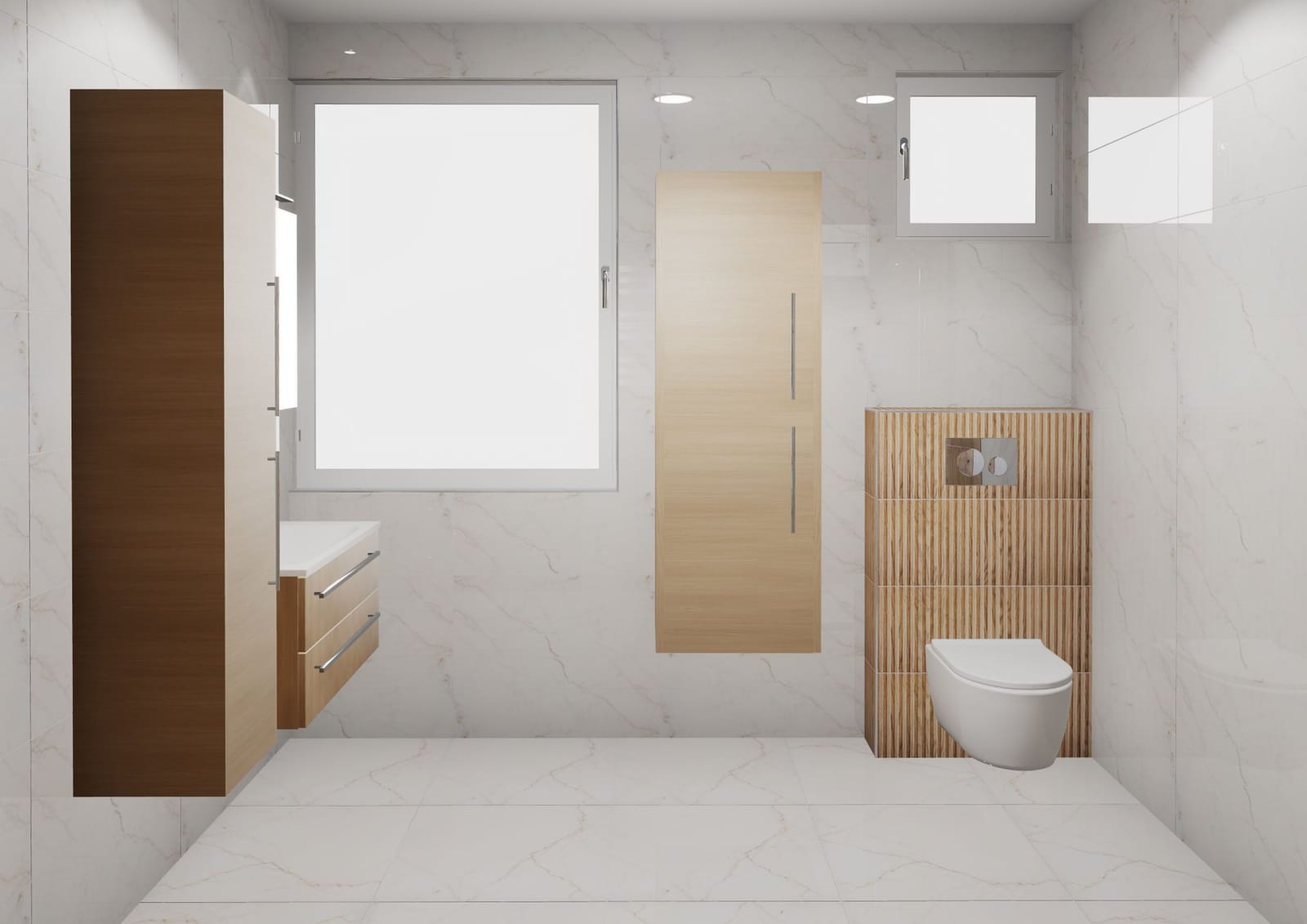 Látványterv a fali WC-ről fahatású bordázott burkolattal, NM Bau